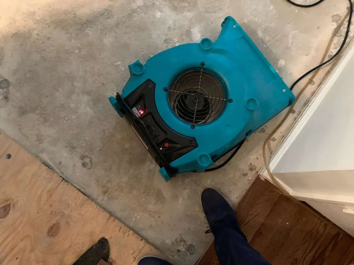Air mover drying subfloor during Leak Detection & Repair in Hope